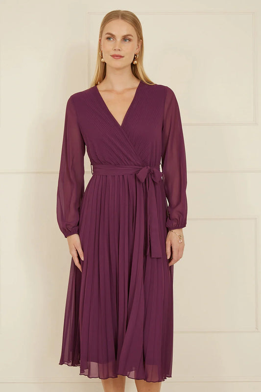 Yumi Plum Pleated Wrap Midi Dress With Sheer Long Sleeves