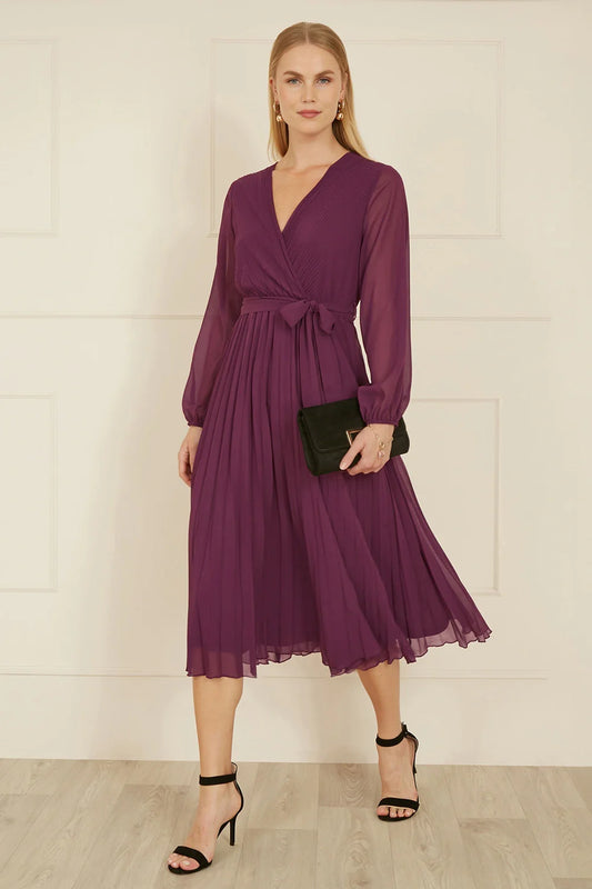 Yumi Plum Pleated Wrap Midi Dress With Sheer Long Sleeves