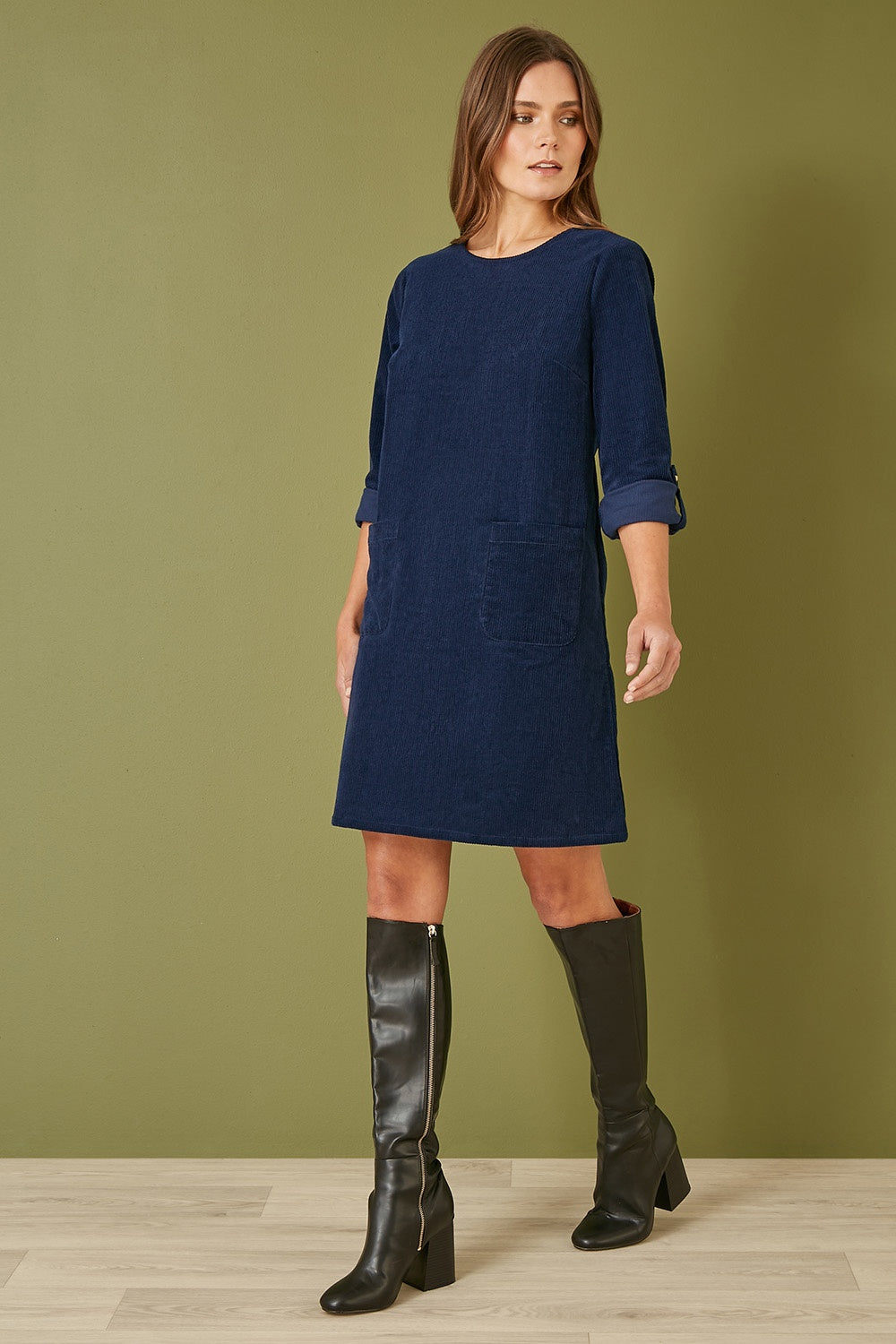 Yumi Navy Cord Tunic Dress With 3/4 Sleeves And Pockets