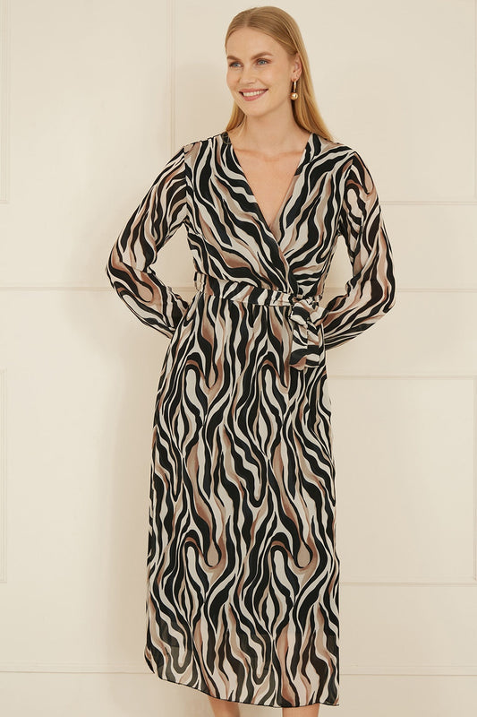 Yumi Brown Animal Swirl Midi Wrap Dress