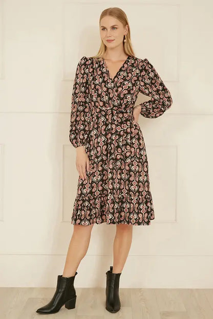 Yumi Black Ikat Long Sleeve Skater Dress