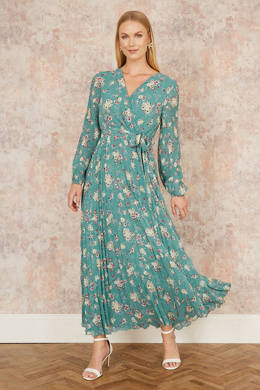 Yumi Mint Green Floral Pleated Long Sleeve Wrap Over Midi Dress