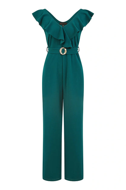 Yumi Green Jumpsuit With Gold Buckle and Frill Detail