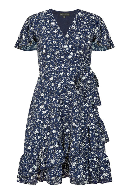 Yumi Navy Ditsy Floral Wrap Frill Dress