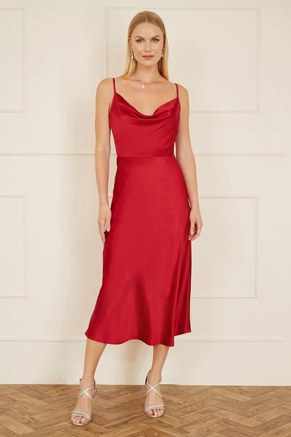 Yumi Red Satin Cowl Neck Midi Slip Dress