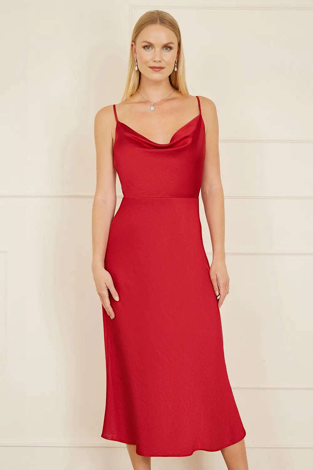 Yumi Red Satin Cowl Neck Midi Slip Dress