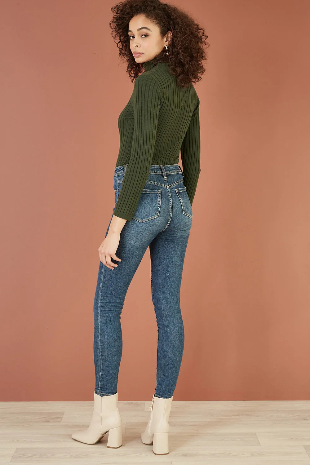 Yumi Green Ribbed Knit Roll Neck Jumper