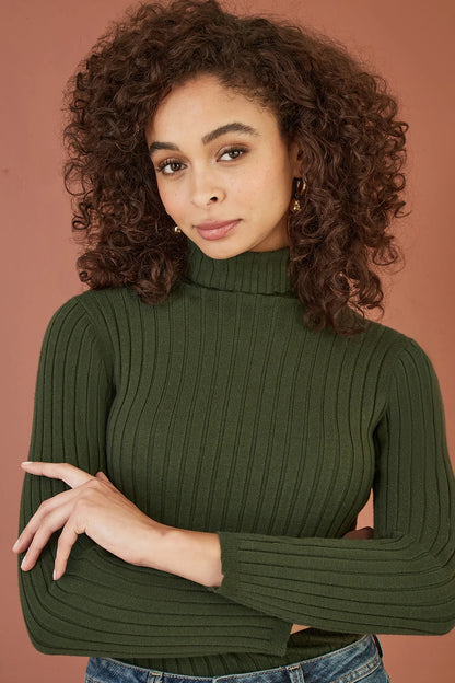 Yumi Green Ribbed Knit Roll Neck Jumper