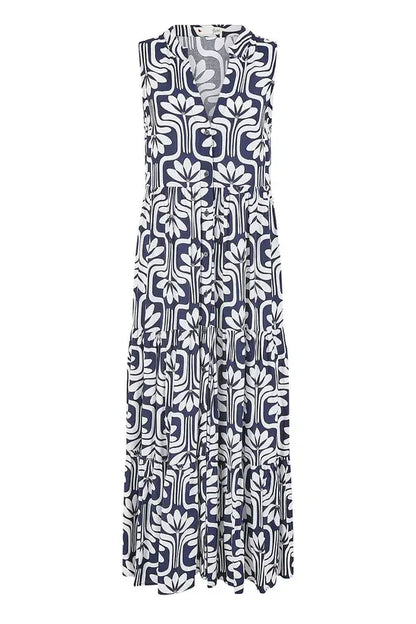 Yumi Navy Retro Print Relaxed Midi Dress