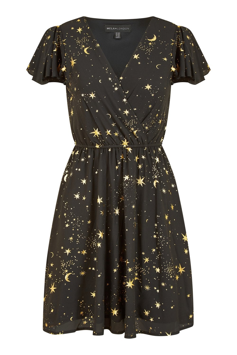 Mela Black Foil Star Print Wrap Skater Dress
