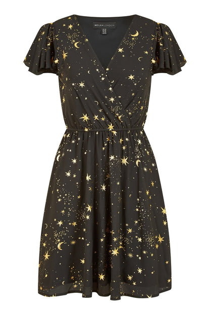 Mela Black Foil Star Print Wrap Skater Dress