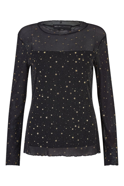 Mela Black Mesh Star Print Long Sleeve Top