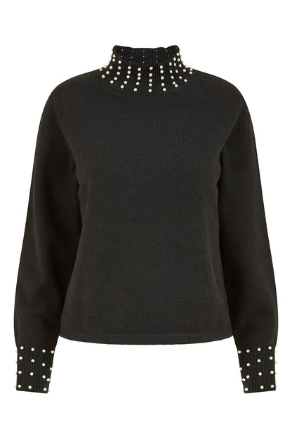 Mela Black Pearl Detail High Neck Jumper