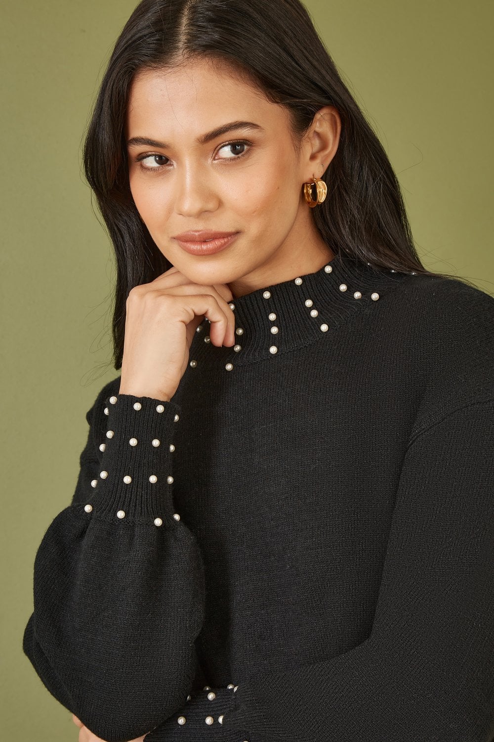 Mela Black Pearl Detail Knitted Relaxed Jumper Dress