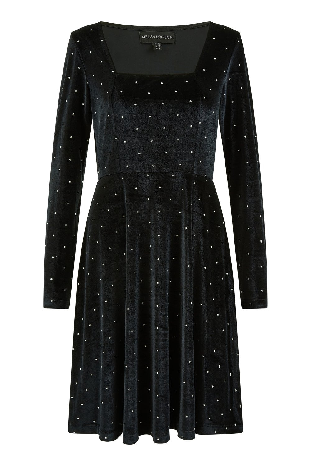Mela Black Skater Dress With Diamantes and Long Sleeve