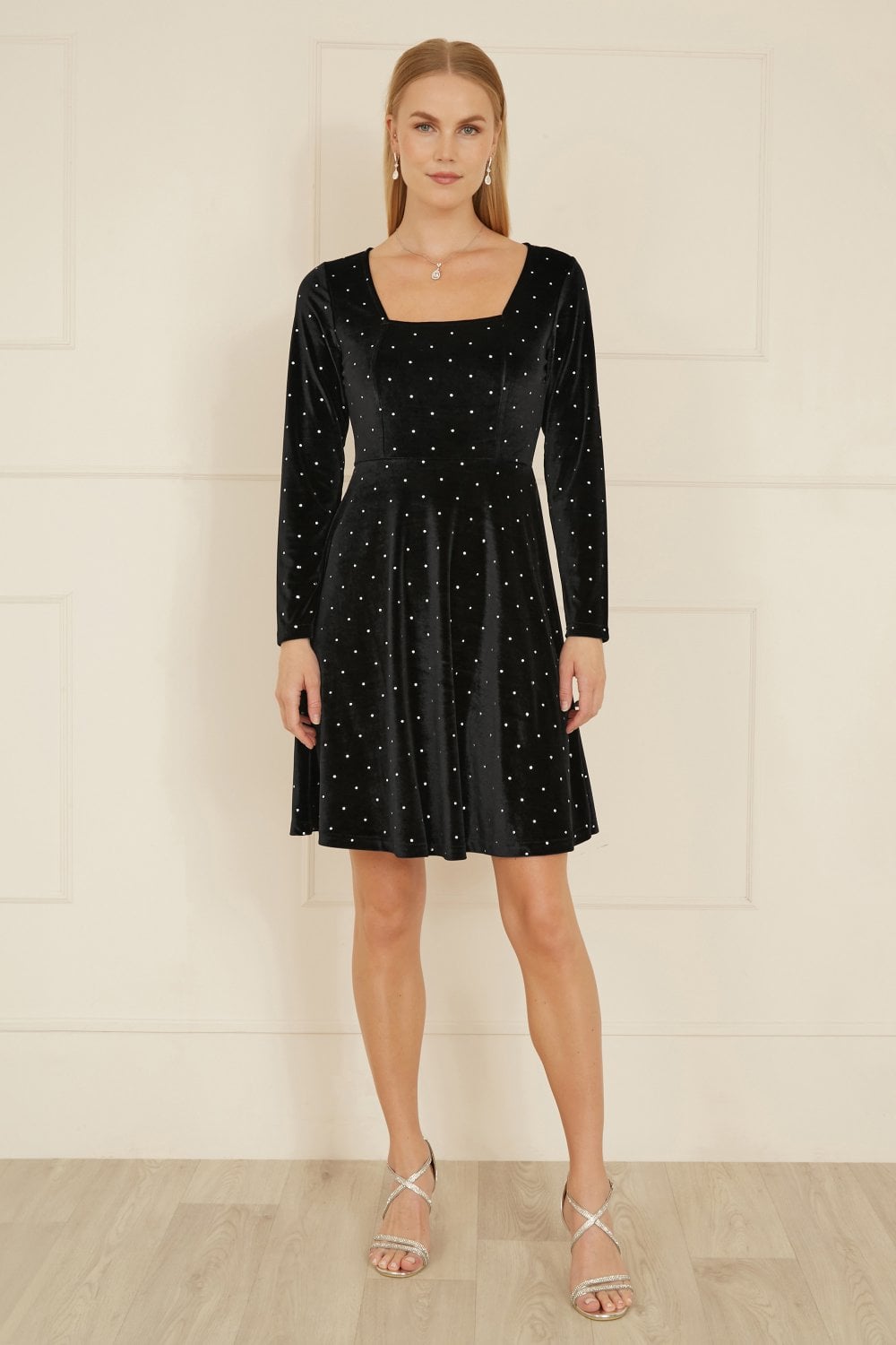Mela Black Skater Dress With Diamantes and Long Sleeve