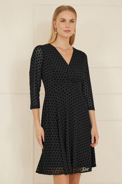 Mela Black Velour Spot 3/4 Sleeve Wrap Skater Dress