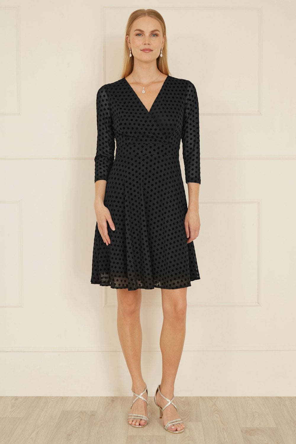 Mela Black Velour Spot 3/4 Sleeve Wrap Skater Dress