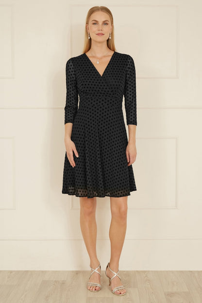 Mela Black Velour Spot 3/4 Sleeve Wrap Skater Dress