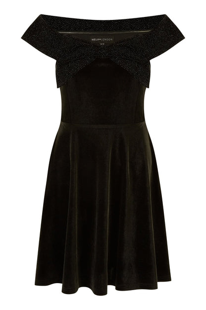 Mela Black Velvet Skater Dress With Sparkle Bow Neckline