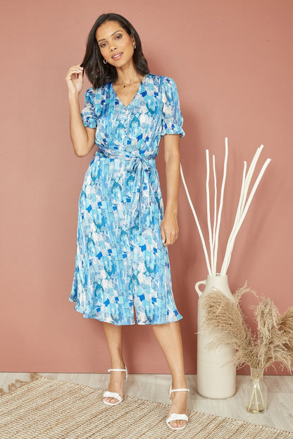 Mela Blue Abstract Print Tea Dress With Pleats And Front Split