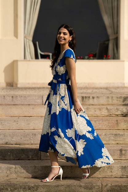 Mela Blue Blossom Print Wrap Midi With Dipped Hem