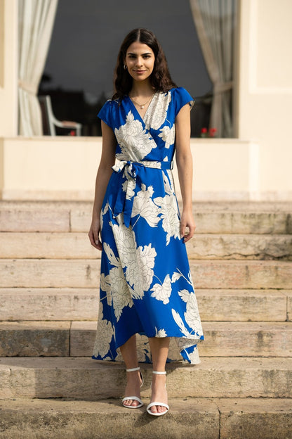 Mela Blue Blossom Print Wrap Midi With Dipped Hem