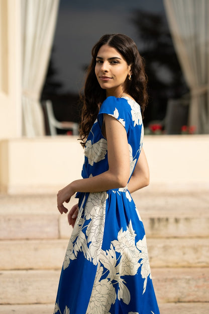 Mela Blue Blossom Print Wrap Midi With Dipped Hem