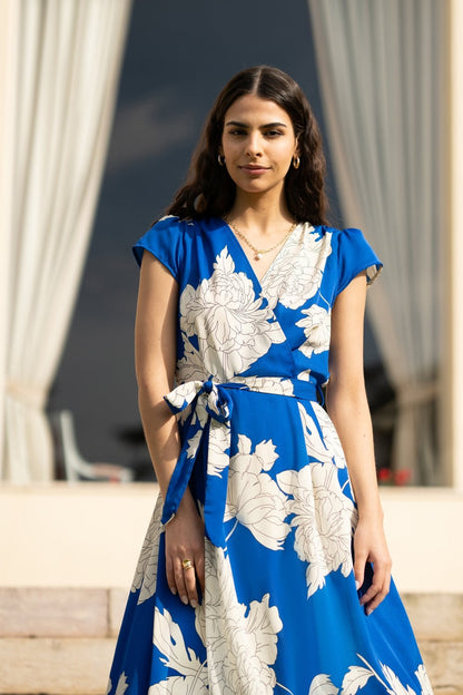 Mela Blue Blossom Print Wrap Midi With Dipped Hem
