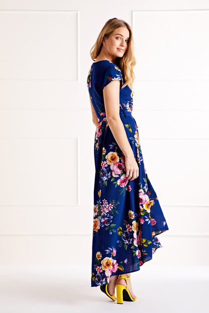 Mela Blue Floral Wrap Over Dipped Hem Midi Dress