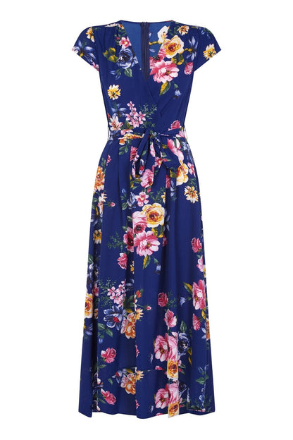 Mela Blue Floral Wrap Over Dipped Hem Midi Dress
