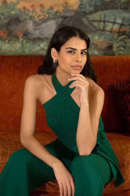 Mela Green Cross Over Halter Neck Jumpsuit