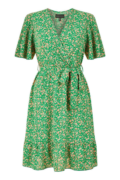 Mela Green Ditsy Print Wrap Front Skater Dress