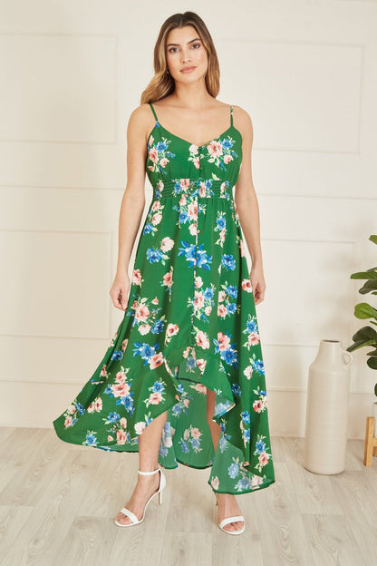Mela Green Floral High Low Frill Midi Dress