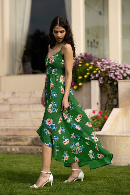 Mela Green Floral High Low Frill Midi Dress