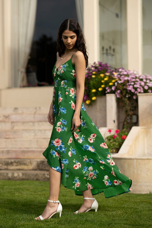 Mela Green Floral High Low Frill Midi Dress