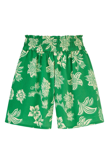 Mela Green Floral Print Ruched Waist Relaxed Fit Shorts