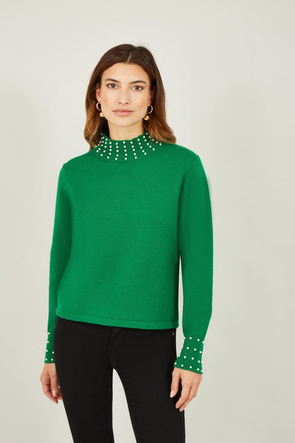 Mela Green Pearl Detail High Neck Jumper
