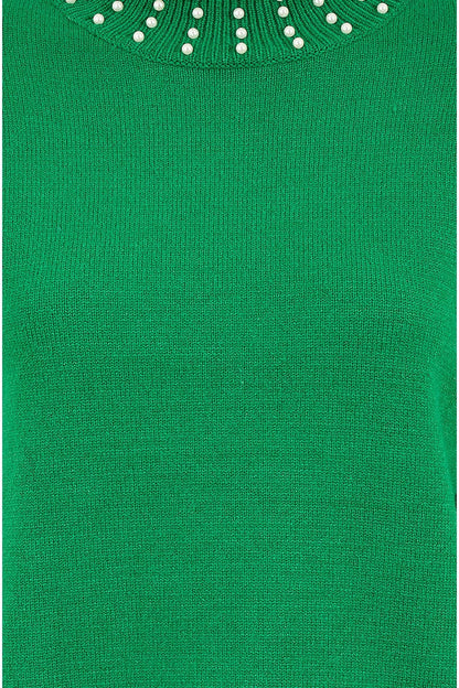Mela Green Pearl Detail High Neck Jumper