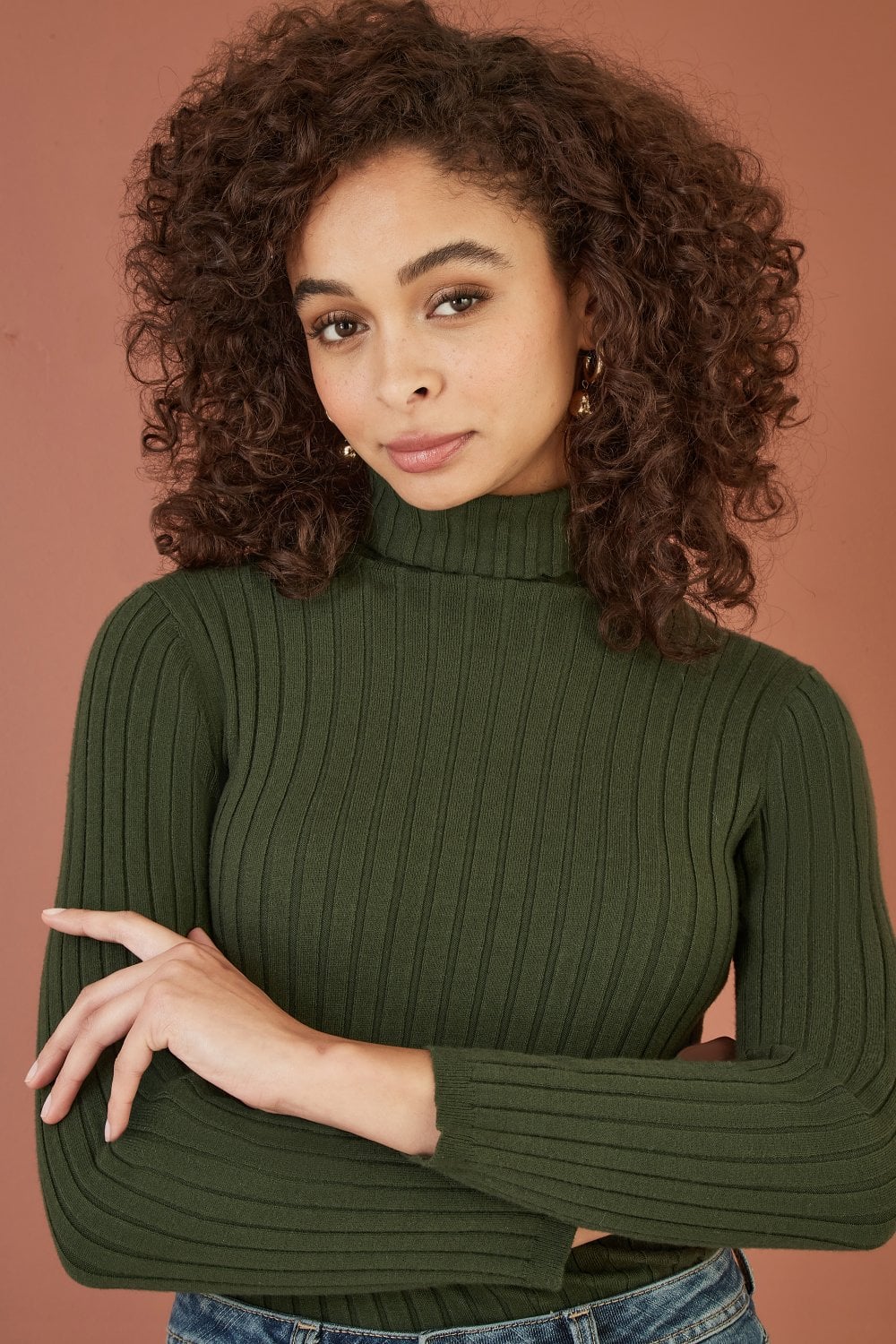 Mela Green Ribbed Knit Roll Neck Jumper