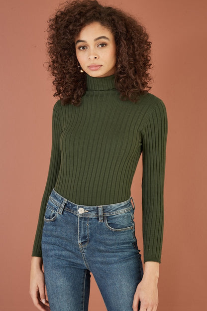 Mela Green Ribbed Knit Roll Neck Jumper