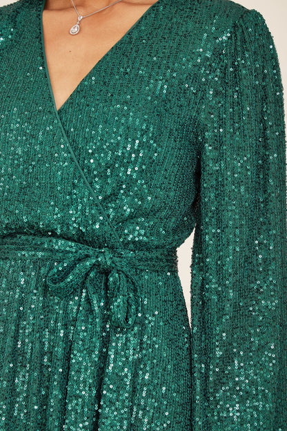 Mela Green Sequin Belted Wrap Long Sleeve Dress