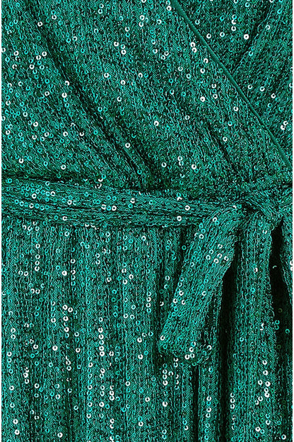 Mela Green Sequin Belted Wrap Long Sleeve Dress