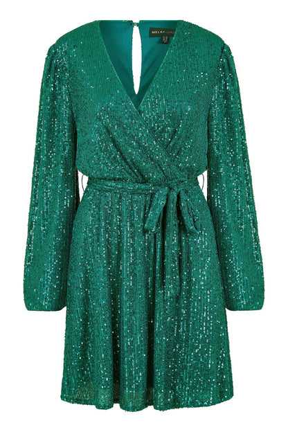 Mela Green Sequin Belted Wrap Long Sleeve Dress