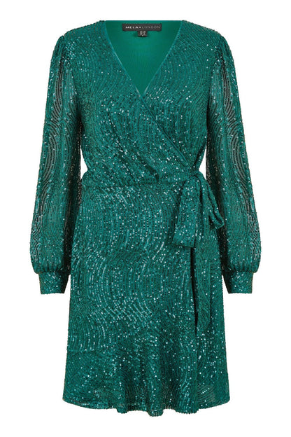 Mela Green Sequin Long Sleeve Frill Wrap Dress