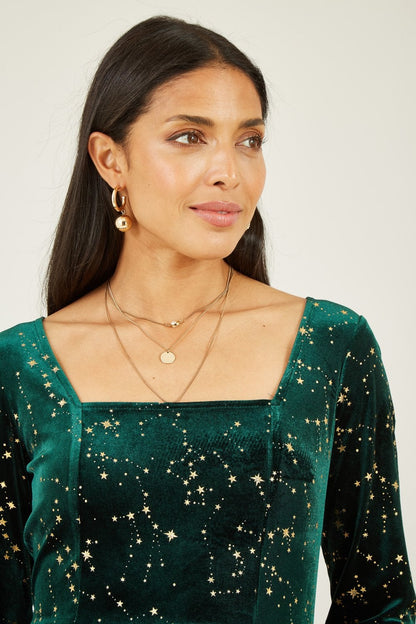 Mela Green Star Foil Print Long Sleeve Skater Dress