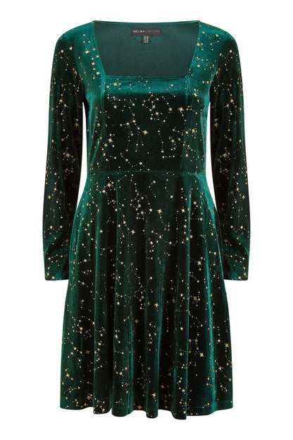 Mela Green Star Foil Print Long Sleeve Skater Dress