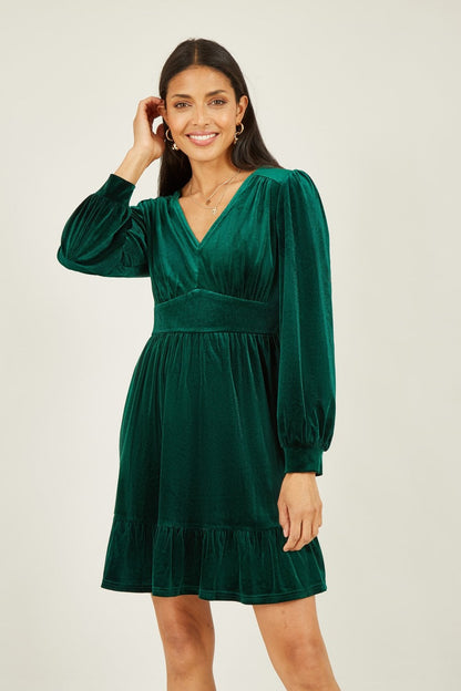 Mela Green Velvet Long Sleeve Skater Dress