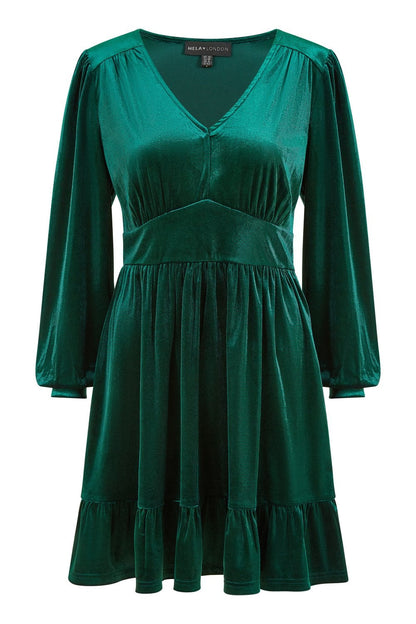 Mela Green Velvet Long Sleeve Skater Dress