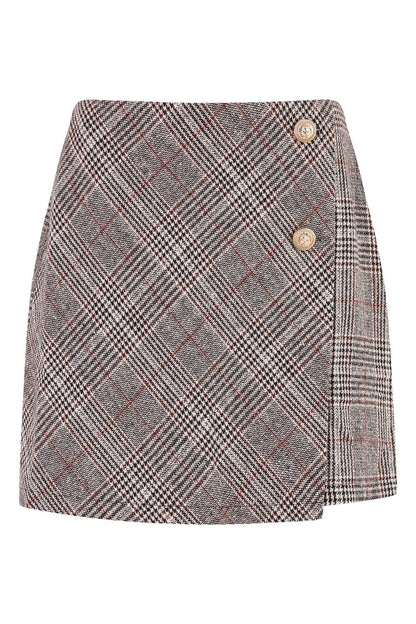Mela Grey Checked Wrap Mini Skirt With Button Detail